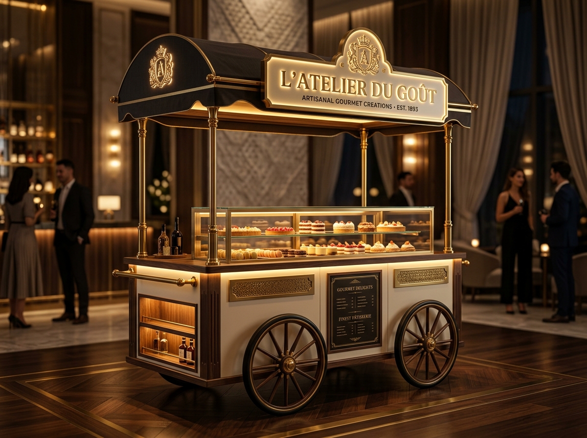 Carrinho gourmet Eleva com acabamento premium e iluminação